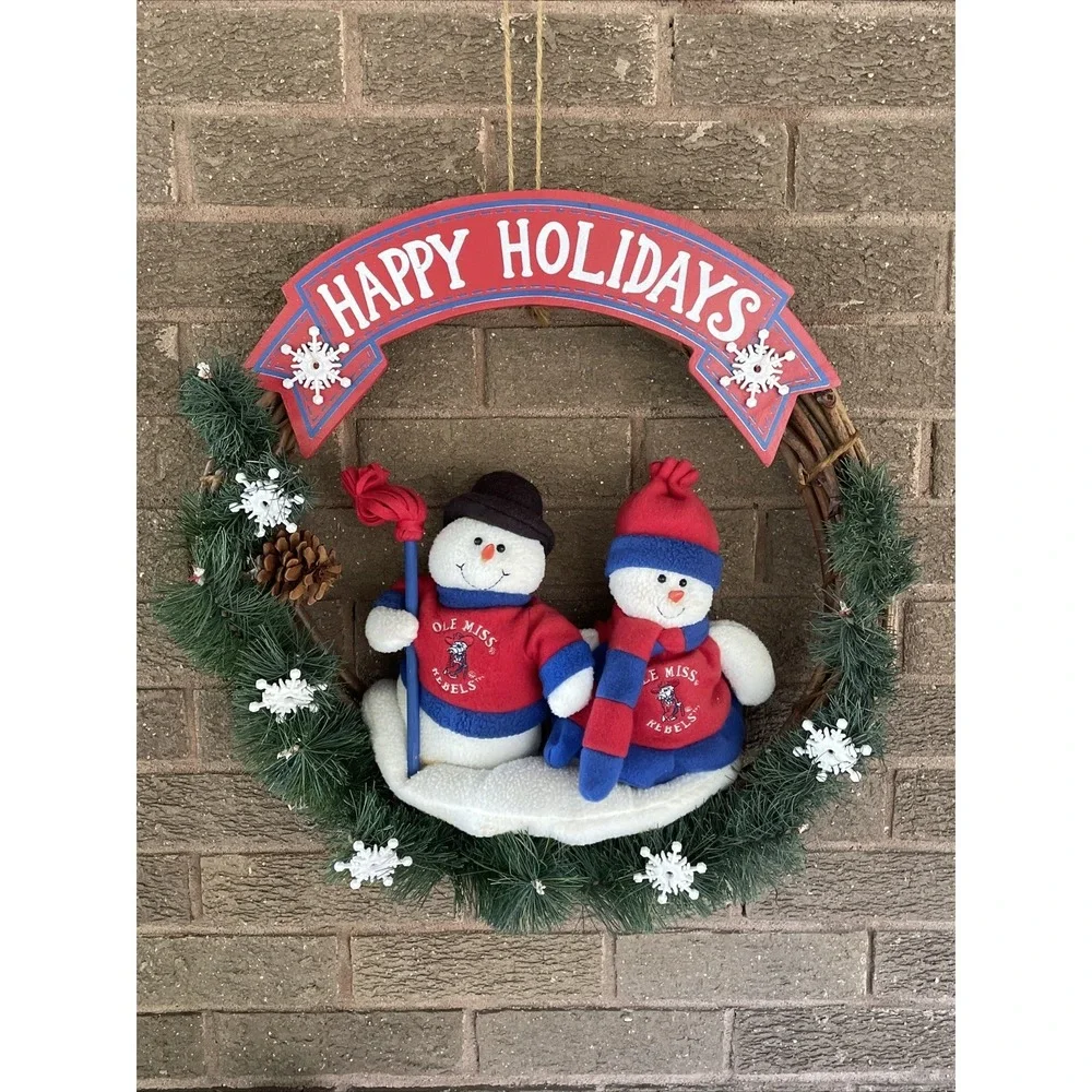 Vintage Ole Miss Rebels Holiday Wreath Christmas Snowmen College Football Rare.